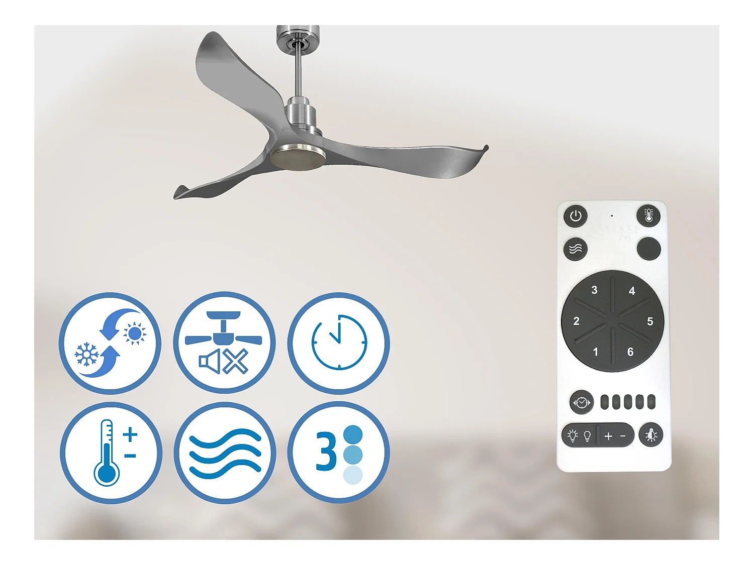 Ventilador de techo Modo Invierno/Verano Termostato Wifi Motor DC Techos Inclinados Mando a Distancia Hypersilence Memoria O)