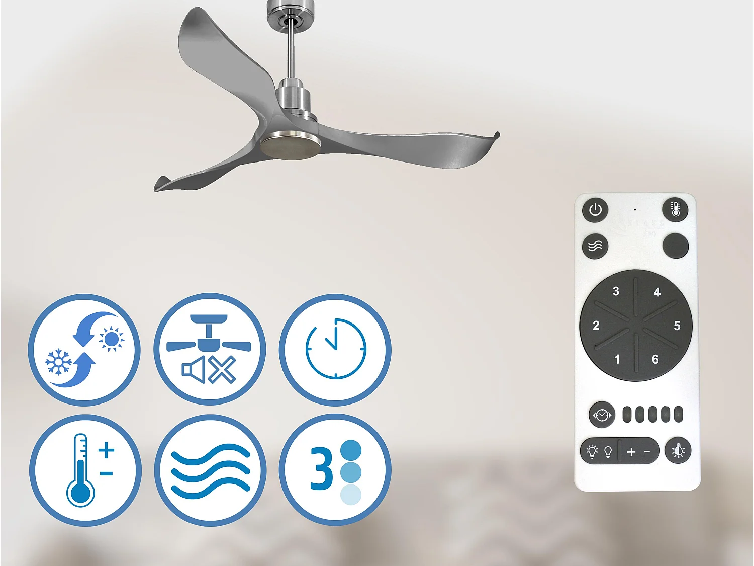 Ventilador de techo Modo Invierno/Verano Termostato Wifi Motor DC Techos Inclinados Mando a Distancia Hypersilence (Memoria O)