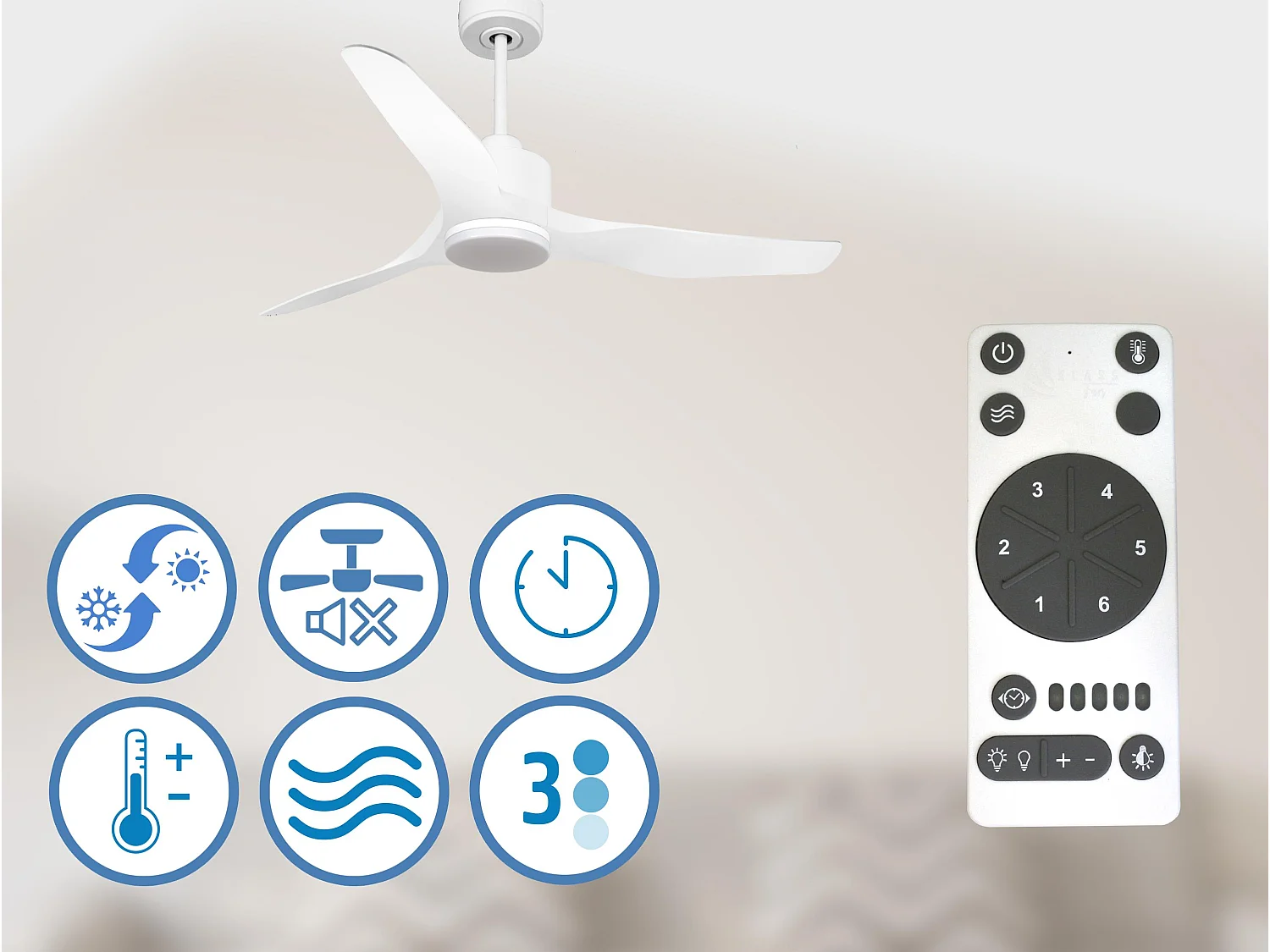 Ventilateur de plafond Réversible  Thermostat Dimmable Wifi Moteur à courant continu Toits en pente Télécommande Lumière à trois tons Adaptateur 2/3 Lames