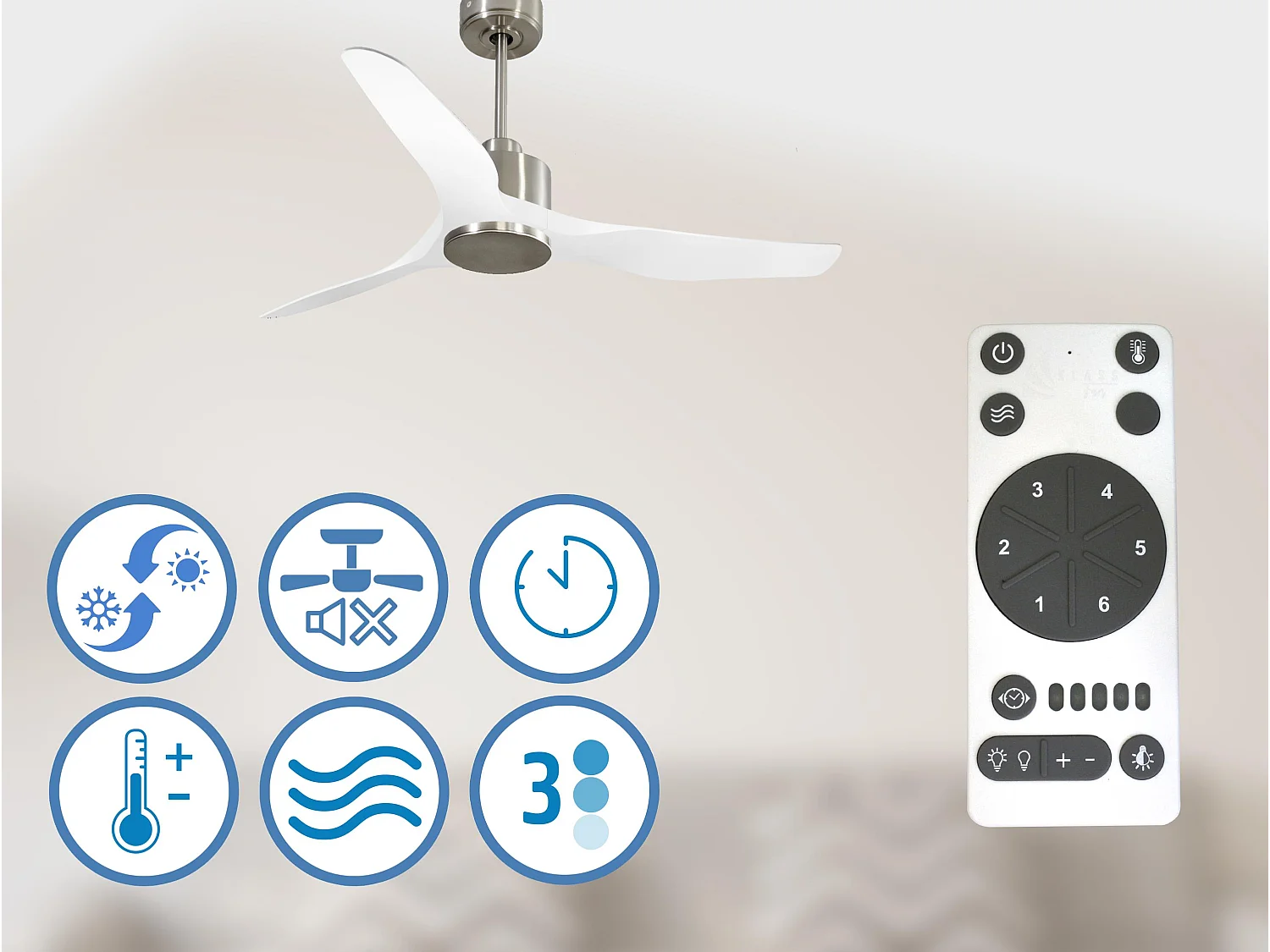 Ventilateur de plafond Réversible  Thermostat Wifi Moteur à courant continu Toits en pente Télécommande Adaptateur 2/3 Lames Hypersilence Mémoire