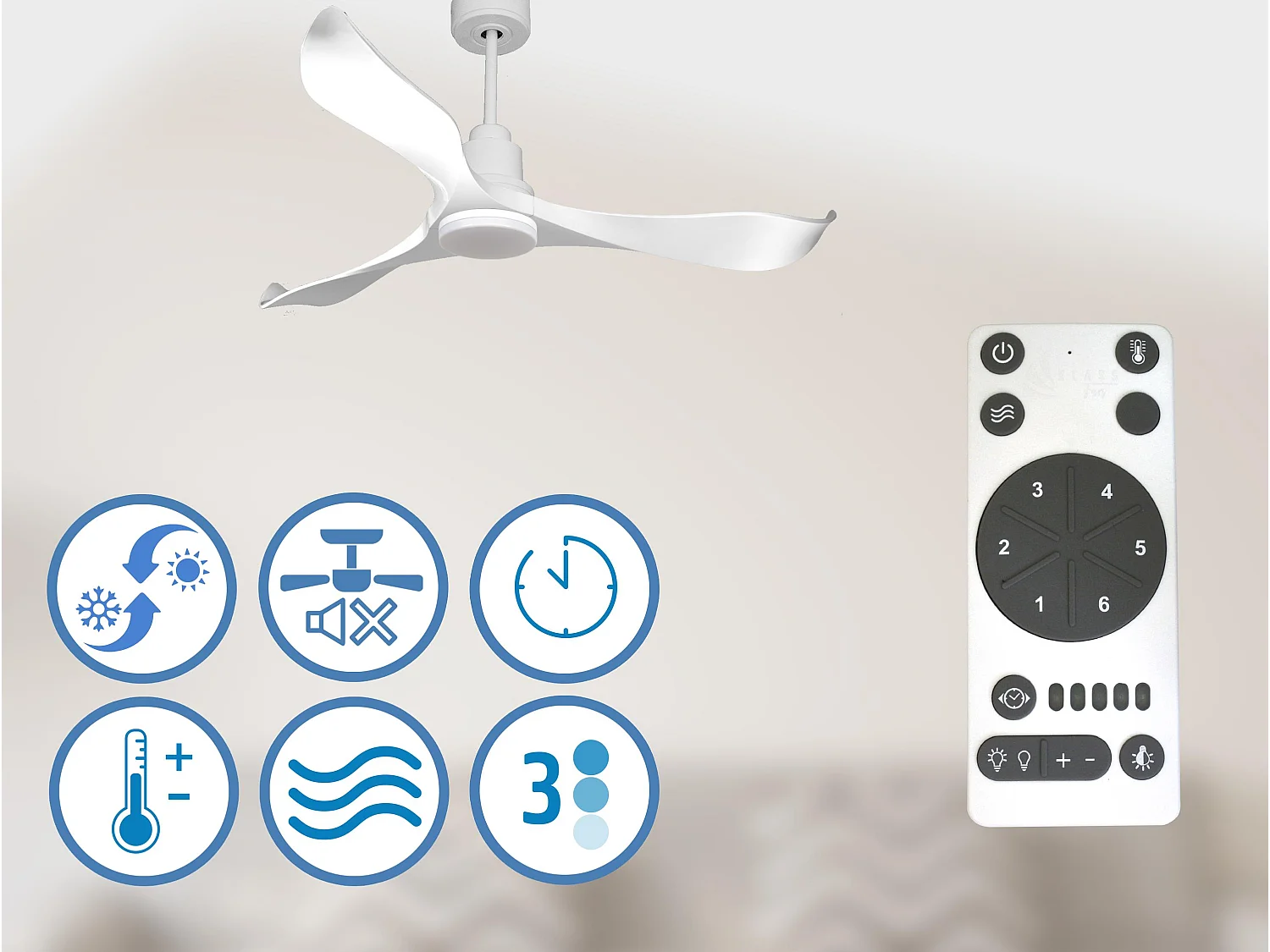 Ventilateur de plafond Réversible  Thermostat Dimmable Wifi Moteur à courant continu Toits en pente Télécommande Lumière à trois tons Adaptateur 2/3 Lames