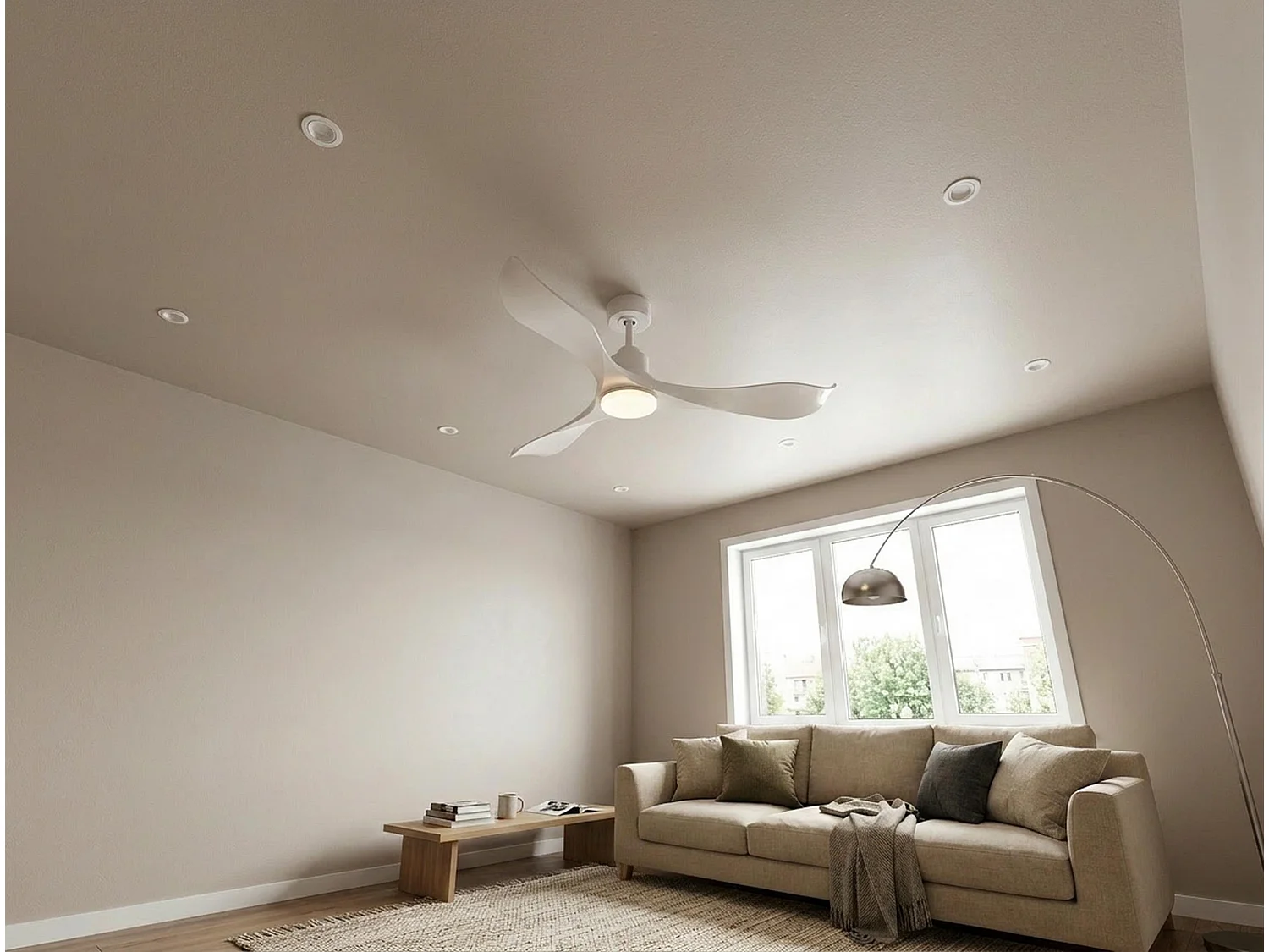 Ventilateur de plafond Réversible  Thermostat Dimmable Wifi Moteur à courant continu Toits en pente Télécommande Lumière à trois tons Adaptateur 2/3 Lames