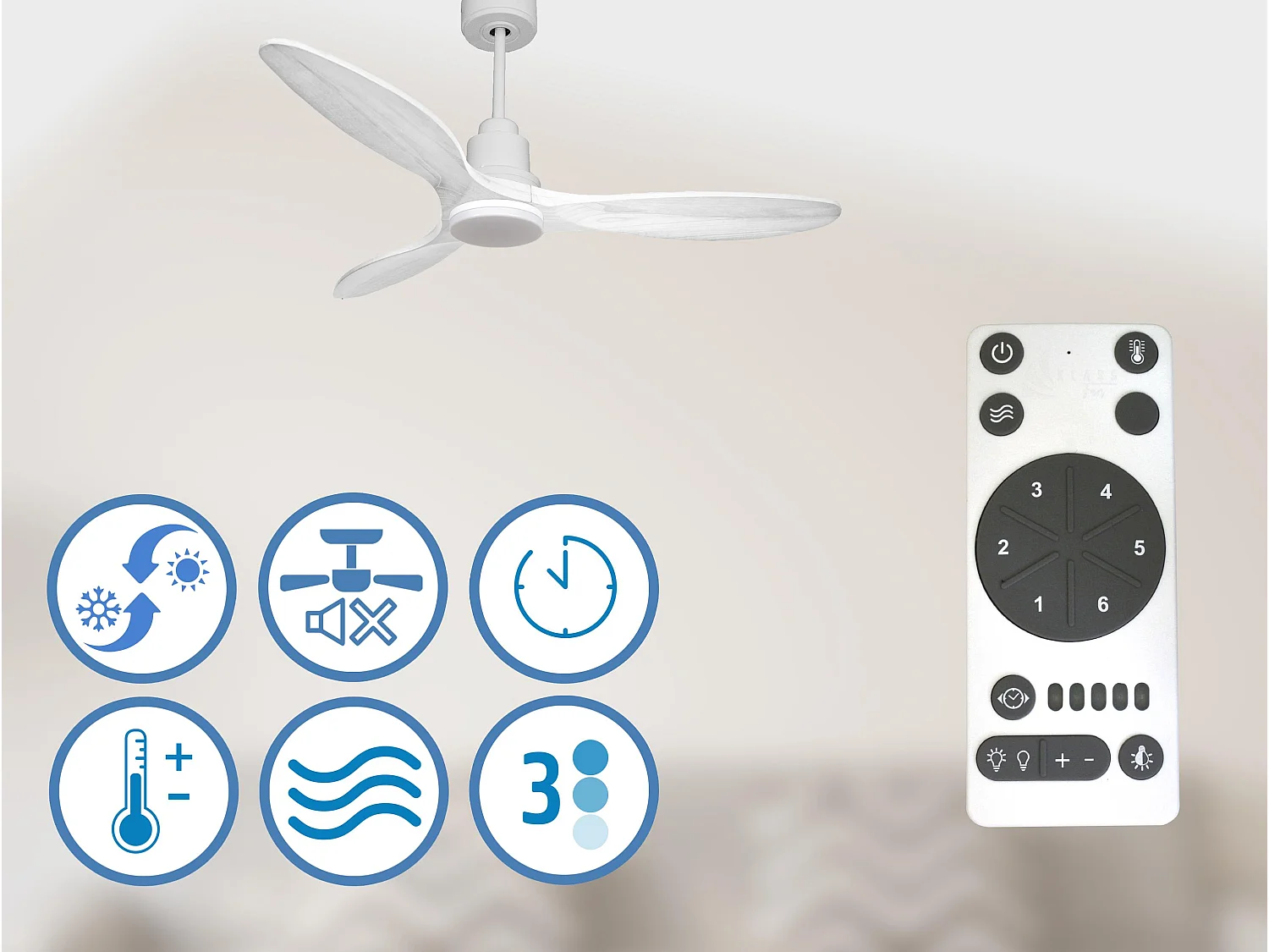Ventilateur de plafond Réversible  Thermostat Dimmable Wifi Moteur à courant continu Toits en pente Télécommande Lumière à trois tons Hypersilence Mémoire