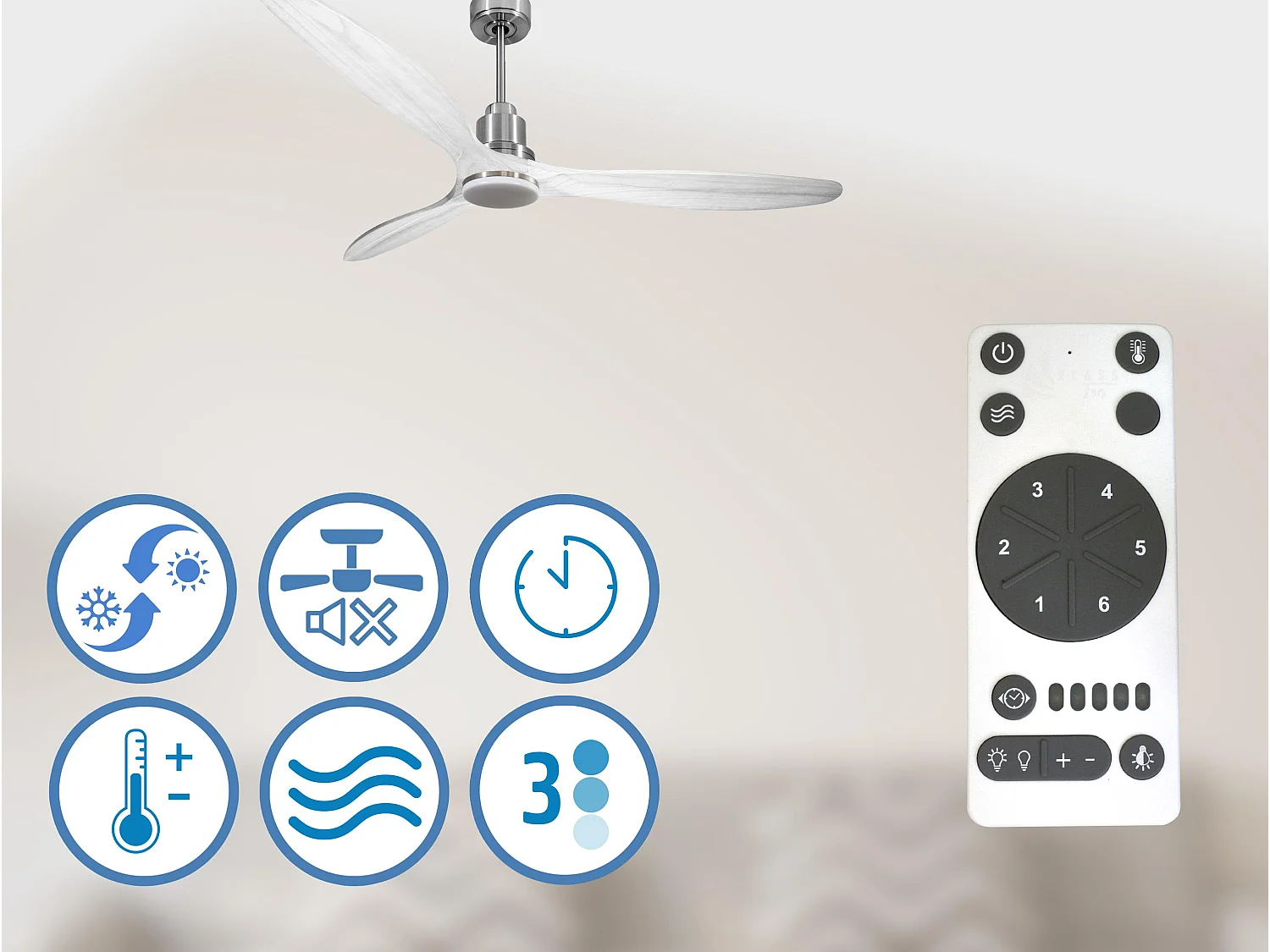 Ventilateur de plafond Réversible  Thermostat Dimmable Wifi Moteur à courant continu Toits en pente Télécommande Lumière à trois tons Hypersilence Mémoire