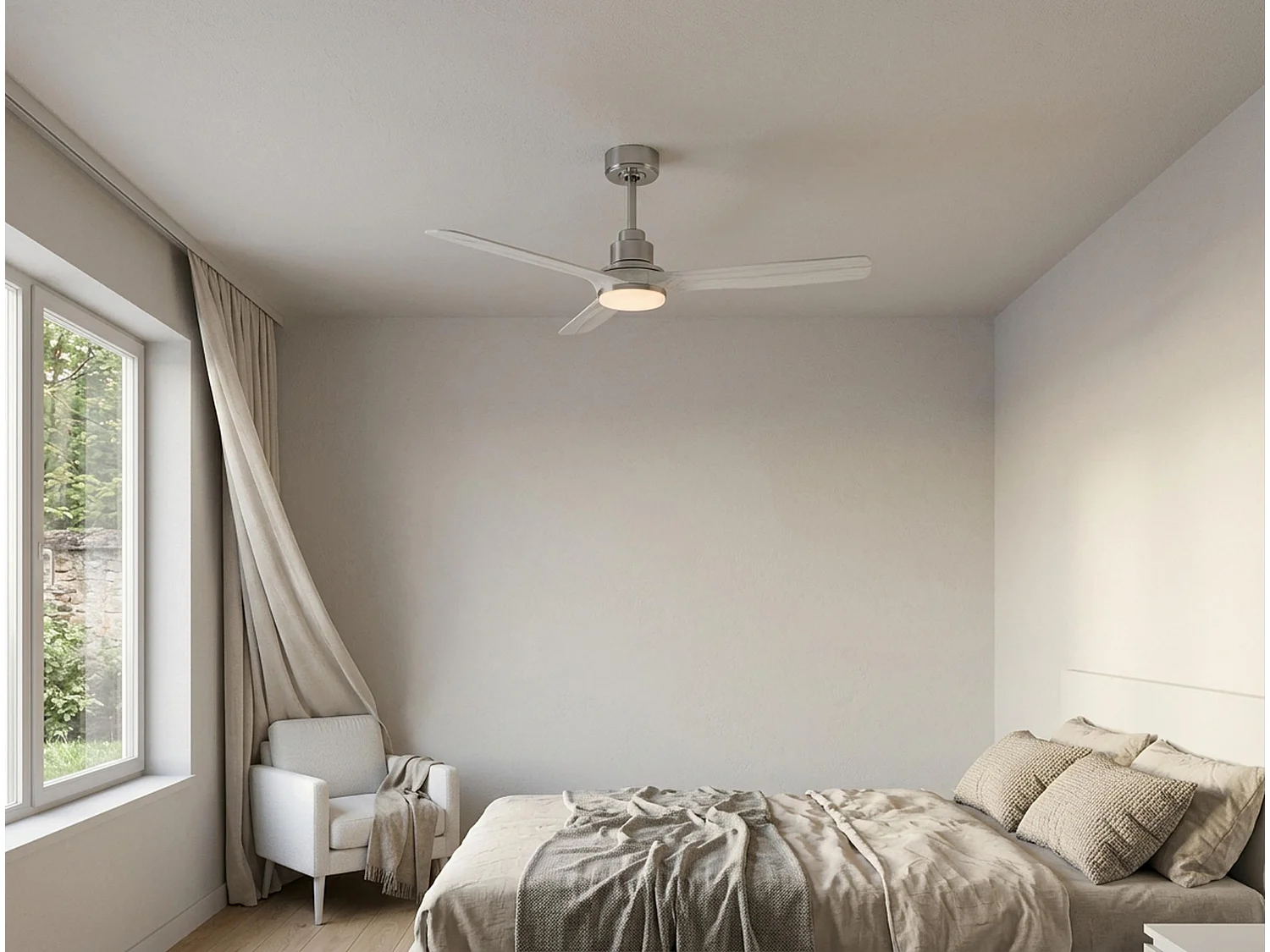 Ventilateur de plafond Réversible  Thermostat Dimmable Wifi Moteur à courant continu Toits en pente Télécommande Lumière à trois tons Hypersilence Mémoire