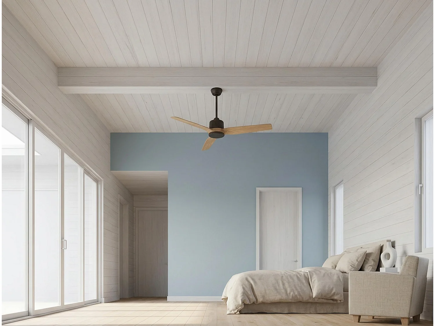Ventilateur de plafond Réversible  Thermostat Wifi Moteur à courant continu Toits en pente Télécommande Hypersilence Mémoire
