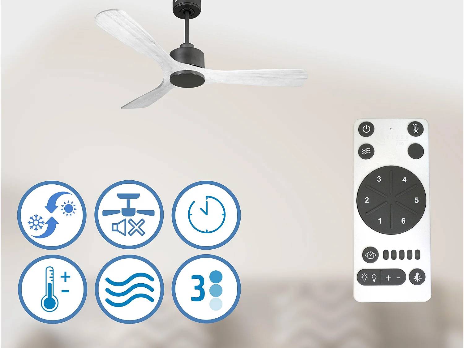 Ventilateur de plafond Réversible  Thermostat Wifi Moteur à courant continu Toits en pente Télécommande Hypersilence Mémoire