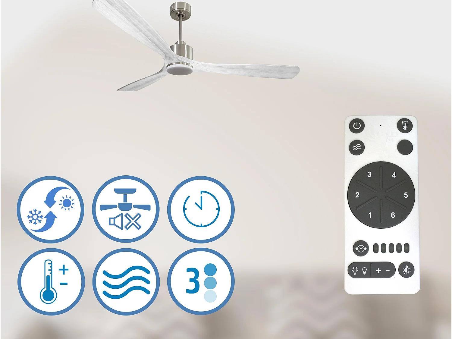 Ventilateur de plafond Réversible  Thermostat Dimmable Wifi Moteur à courant continu Toits en pente Télécommande Lumière à trois tons Hypersilence Mémoire