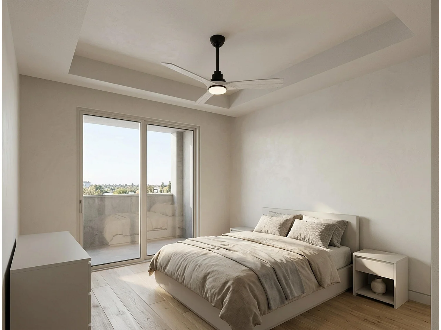 Ventilateur de plafond Réversible  Thermostat Dimmable Wifi Moteur à courant continu Toits en pente Télécommande Lumière à trois tons Hypersilence Mémoire