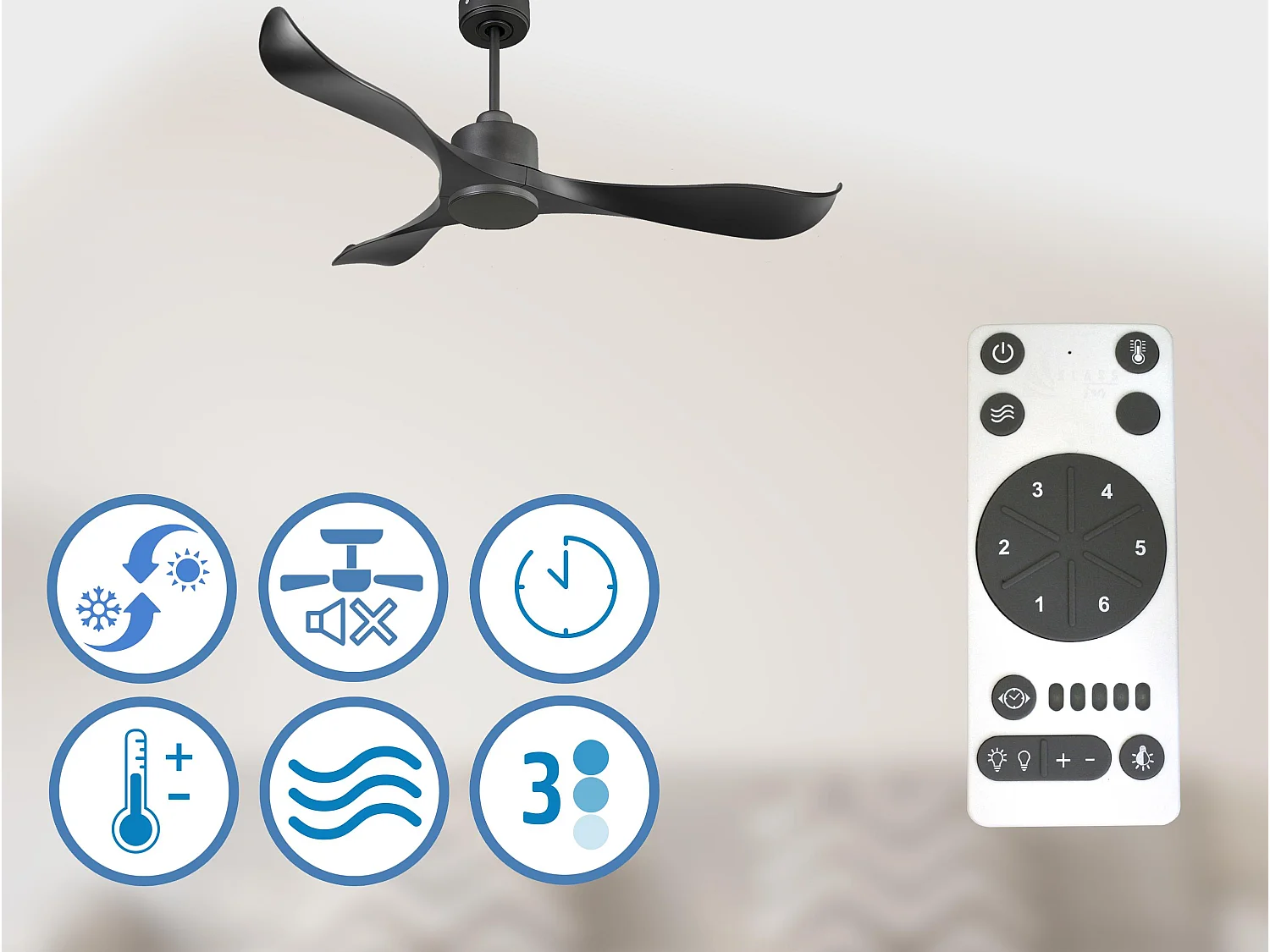 Ventilateur de plafond Réversible  Thermostat Wifi Moteur à courant continu Toits en pente Télécommande Adaptateur 2/3 Lames Hypersilence Mémoire