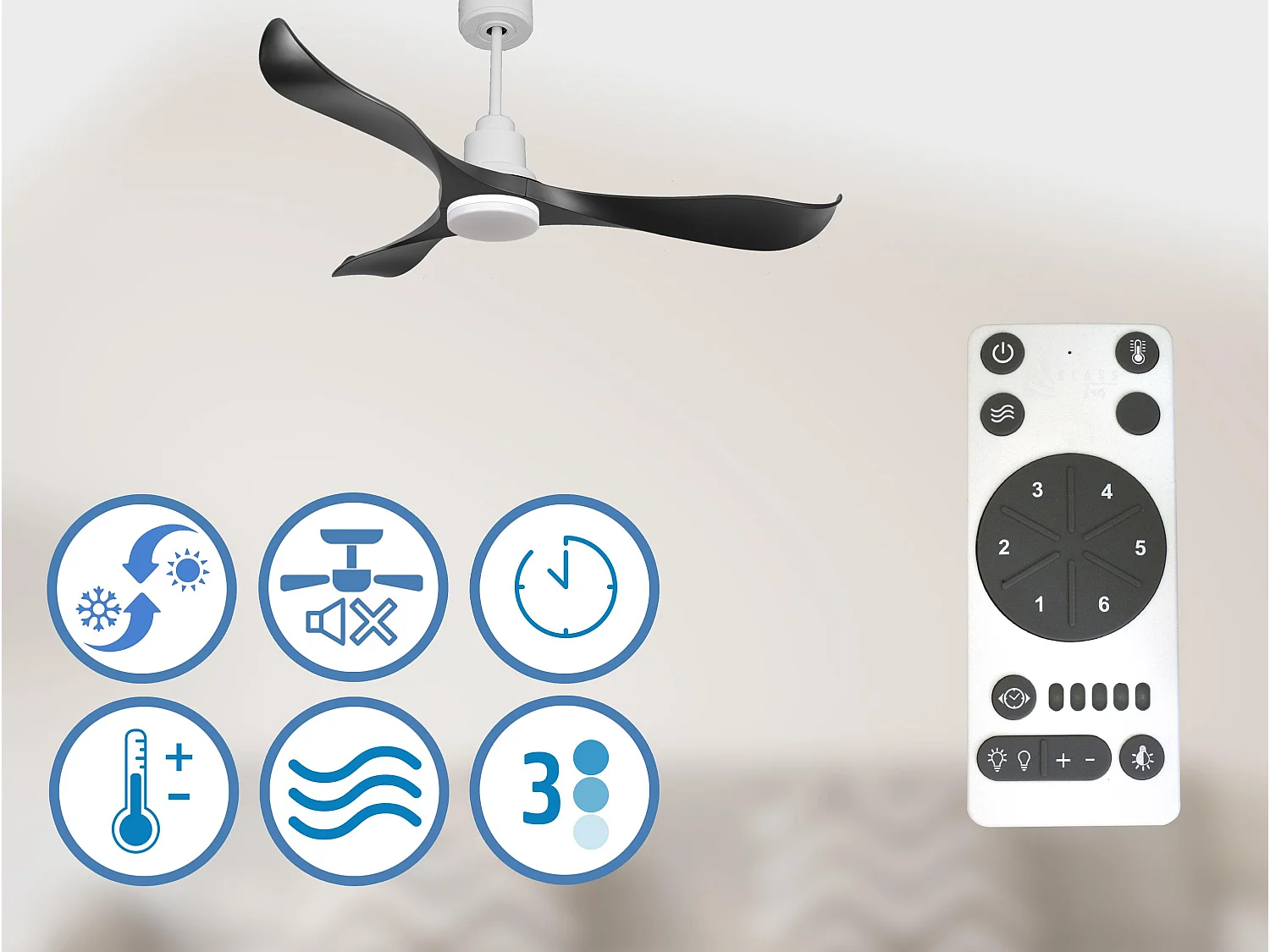 Ventilateur de plafond Réversible  Thermostat Dimmable Wifi Moteur à courant continu Toits en pente Télécommande Lumière à trois tons Adaptateur 2/3 Lames
