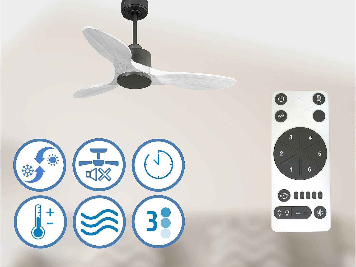 Ventilateur de plafond Réversible  Thermostat Wifi Moteur à courant continu Toits en pente Télécommande Hypersilence Mémoire Shopify Vendible (AUTOMATIQUE)