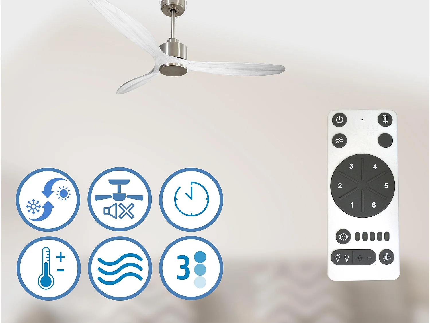 Ventilateur de plafond Réversible  Thermostat Wifi Moteur à courant continu Toits en pente Télécommande Hypersilence Mémoire