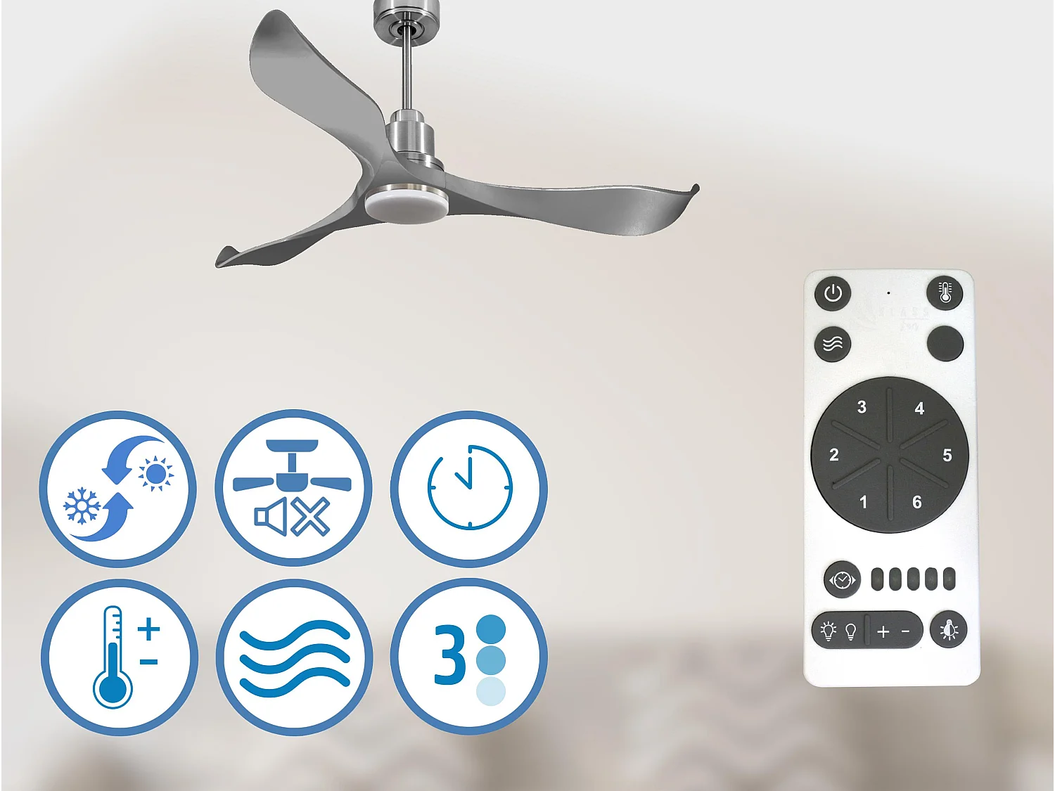Ventilateur de plafond Réversible  Thermostat Dimmable Wifi Moteur à courant continu Toits en pente Télécommande Lumière à trois tons Hypersilence Mémoire