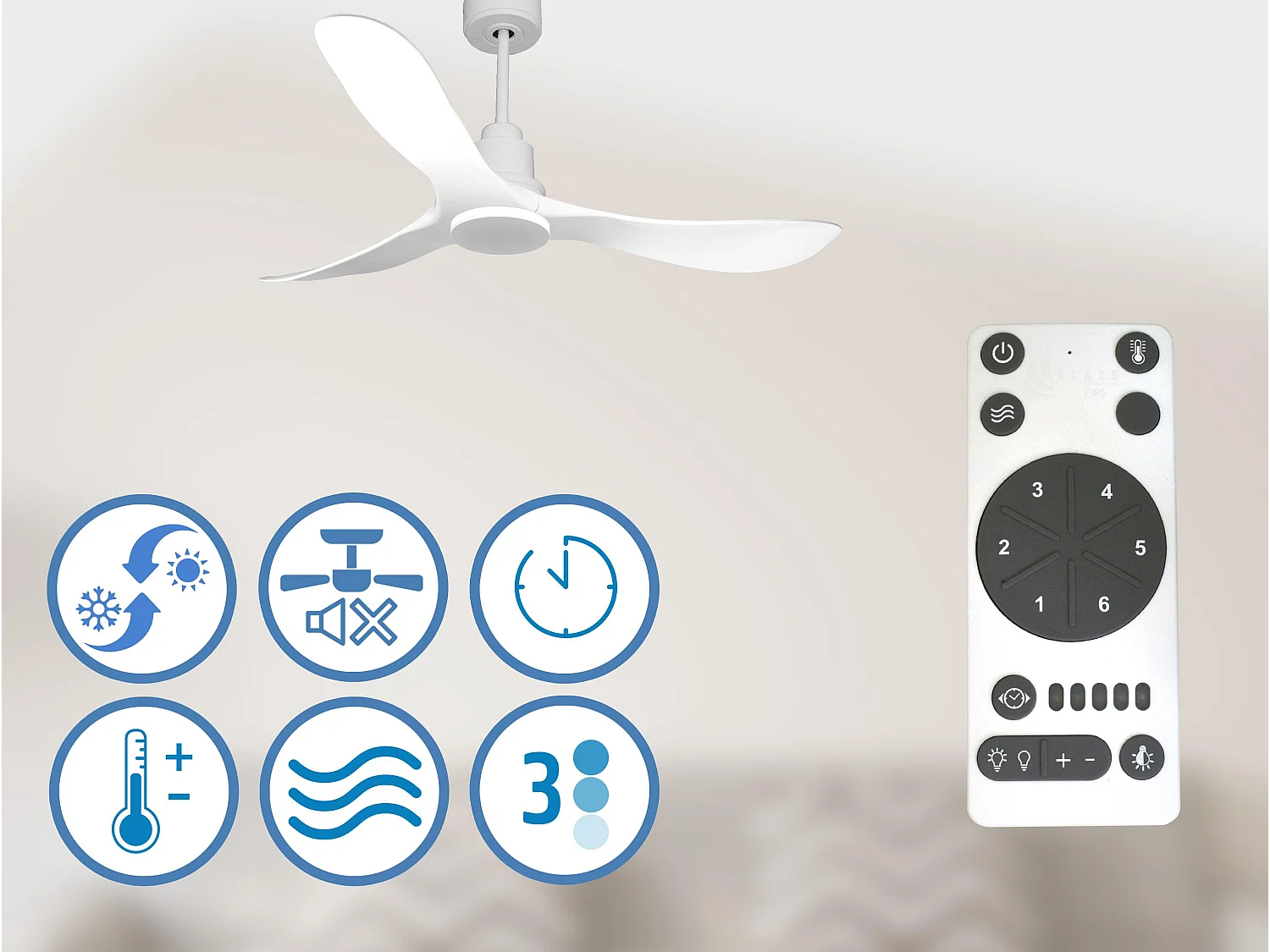 Ventilateur de plafond Réversible  Thermostat Wifi Moteur à courant continu Toits en pente Télécommande Hypersilence Mémoire
