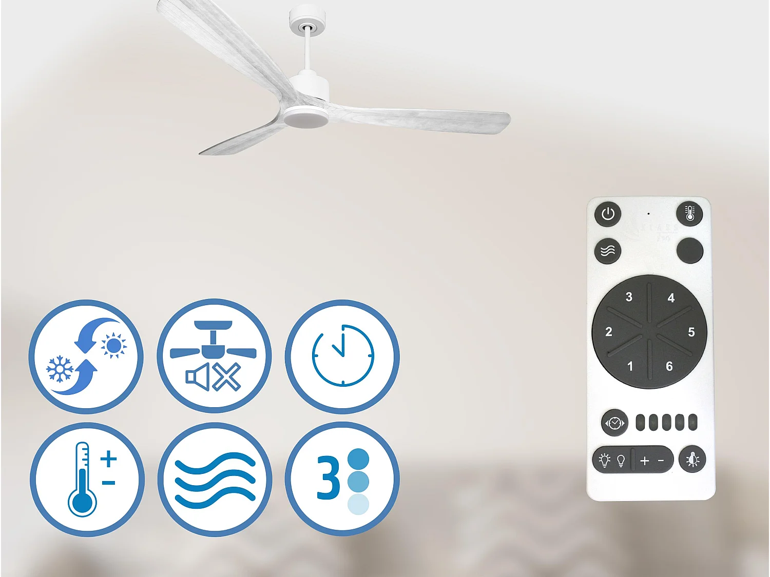 Ventilateur de plafond Réversible  Thermostat Dimmable Wifi Moteur à courant continu Toits en pente Télécommande Lumière à trois tons Hypersilence Mémoire