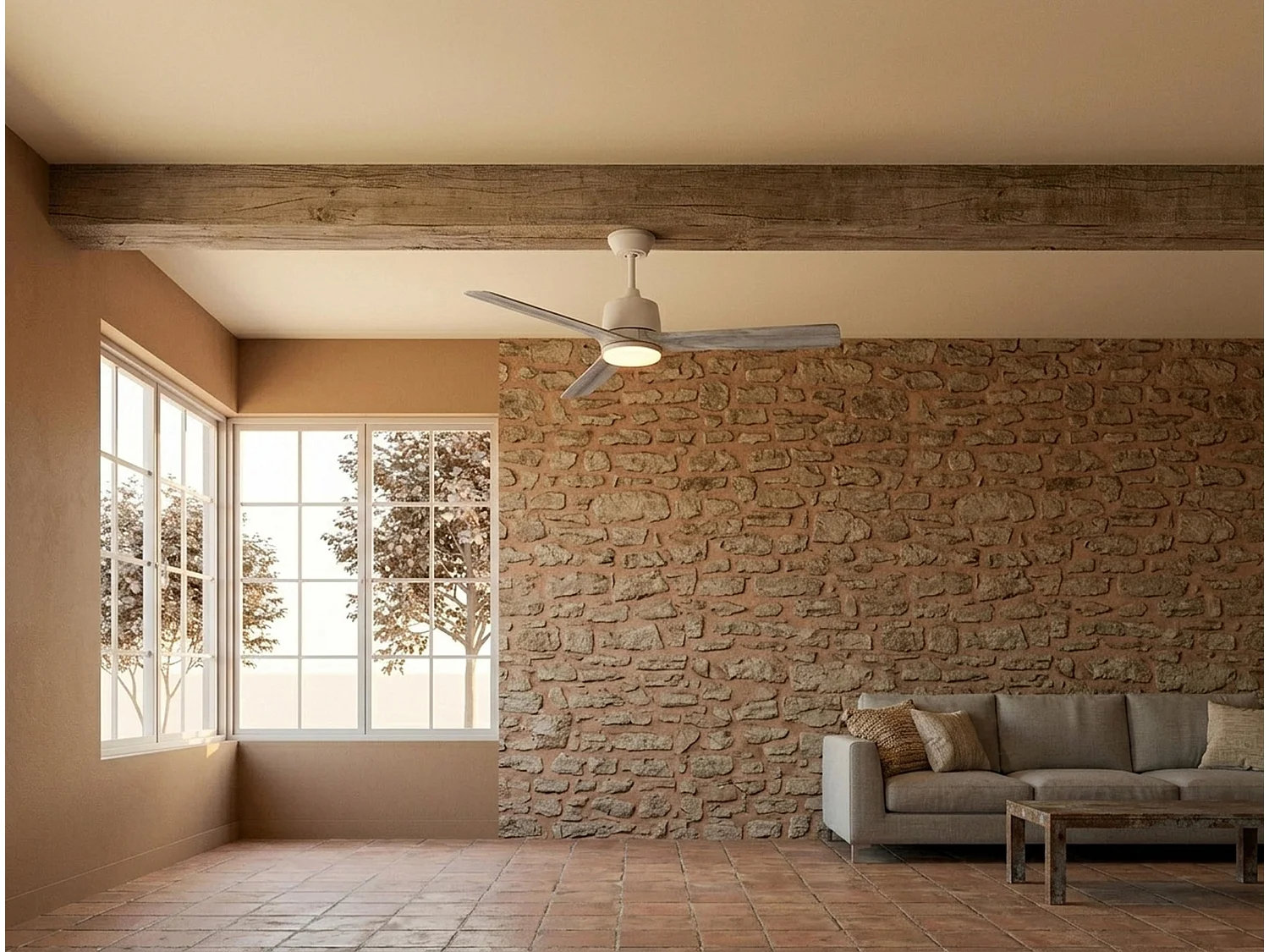 Ventilateur de plafond Réversible  Thermostat Dimmable Wifi Moteur à courant continu Toits en pente Télécommande Lumière à trois tons Hypersilence Mémoire