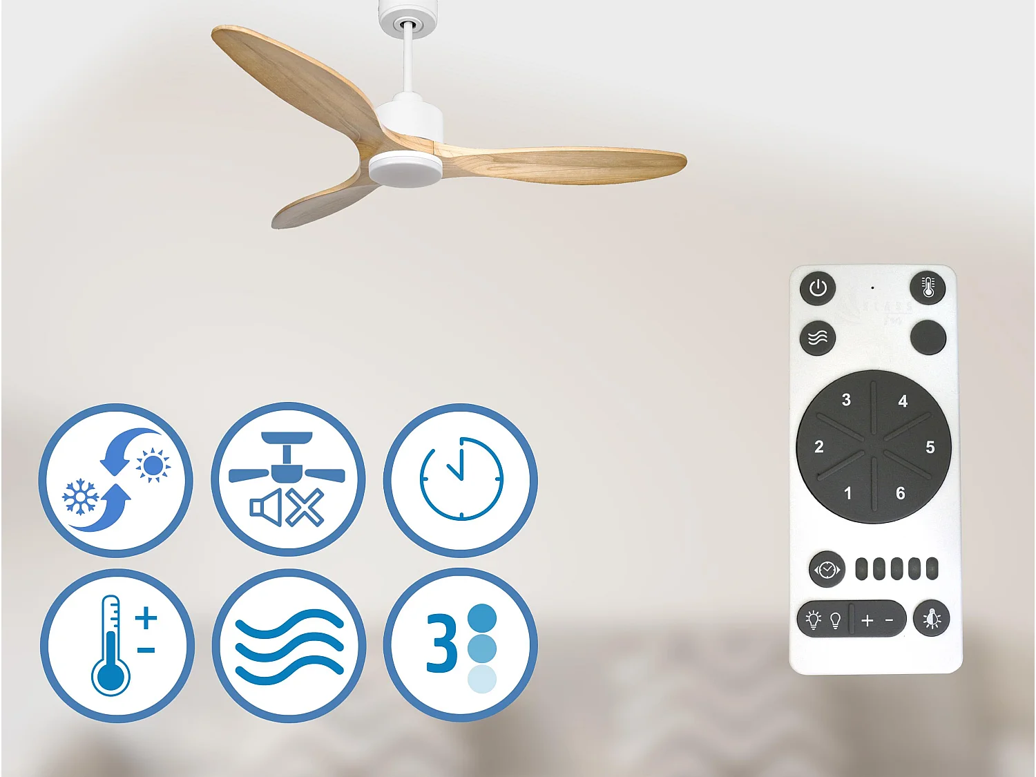 Ventilateur de plafond Réversible  Thermostat Dimmable Wifi Moteur à courant continu Toits en pente Télécommande Lumière à trois tons Hypersilence Mémoire