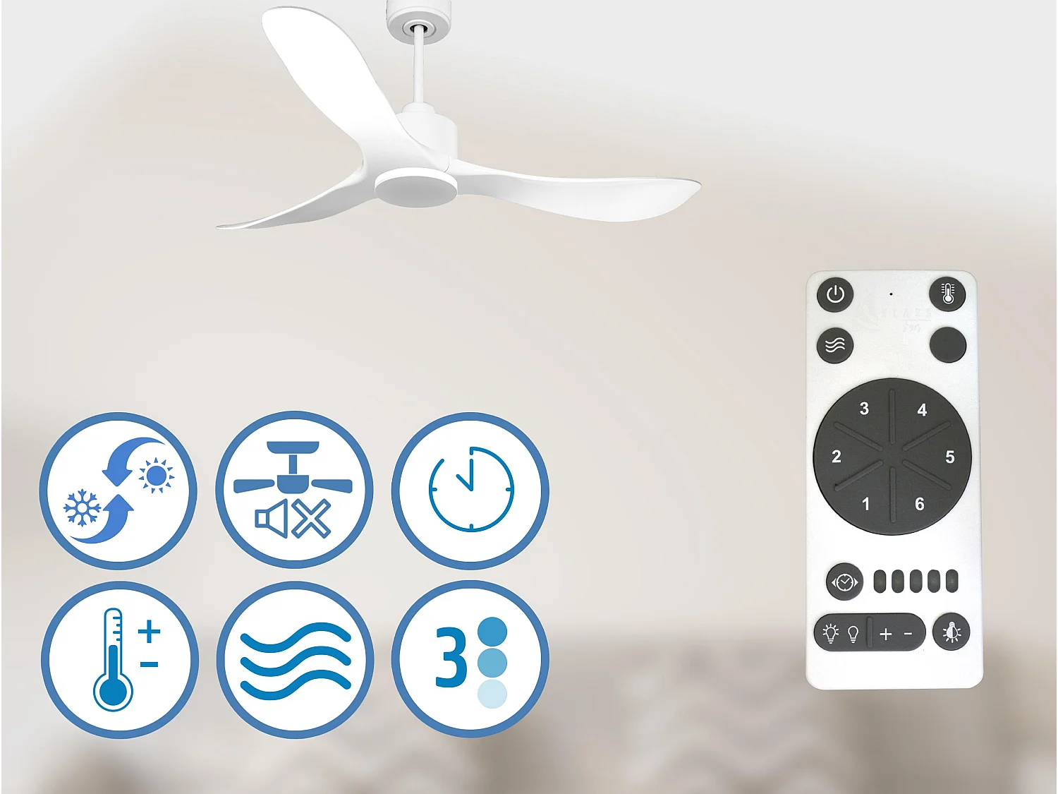 Ventilateur de plafond Réversible  Thermostat Wifi Moteur à courant continu Toits en pente Télécommande Hypersilence Mémoire