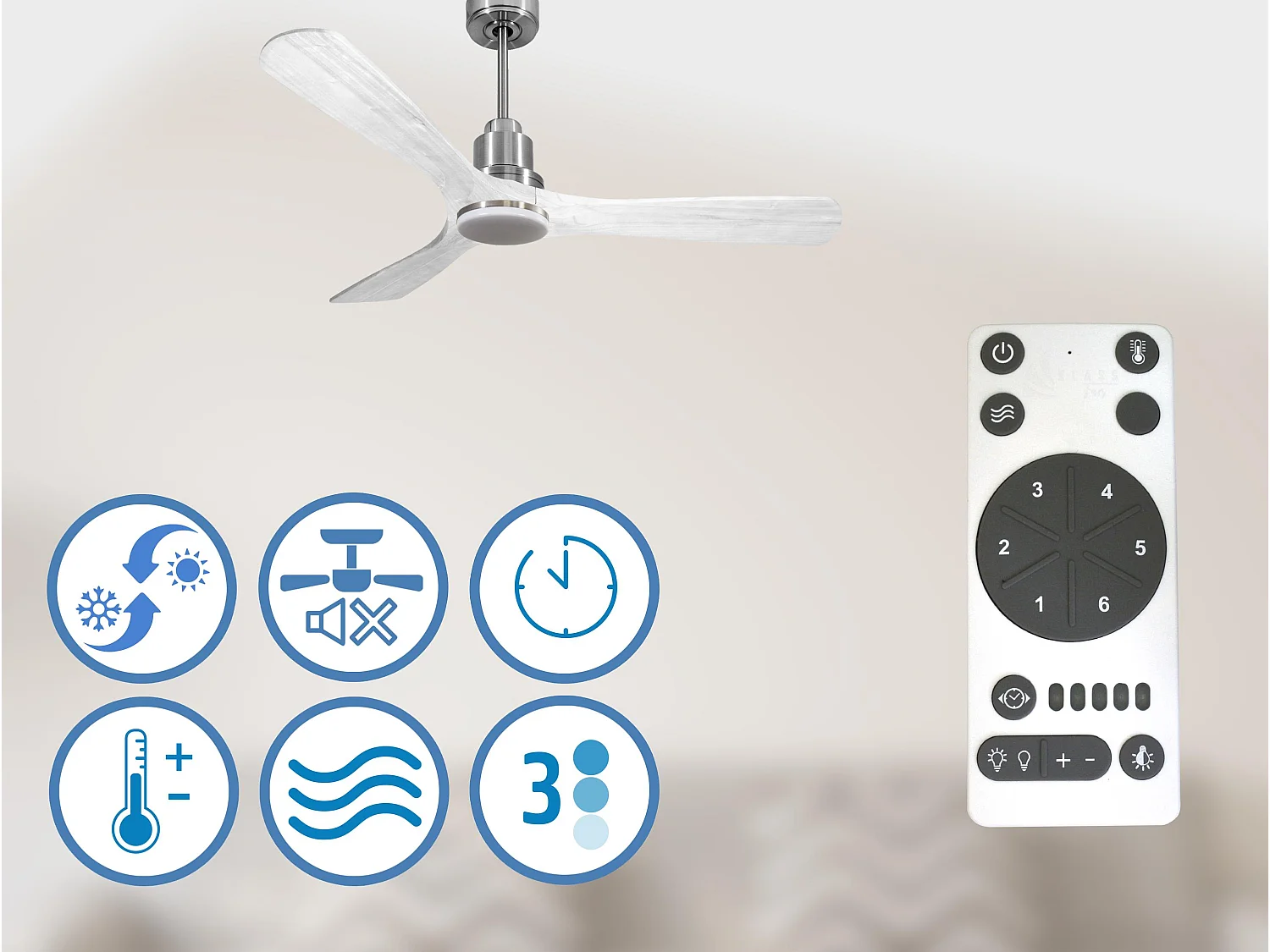 Ventilateur de plafond Réversible  Thermostat Dimmable Wifi Moteur à courant continu Toits en pente Télécommande Lumière à trois tons Hypersilence Mémoire