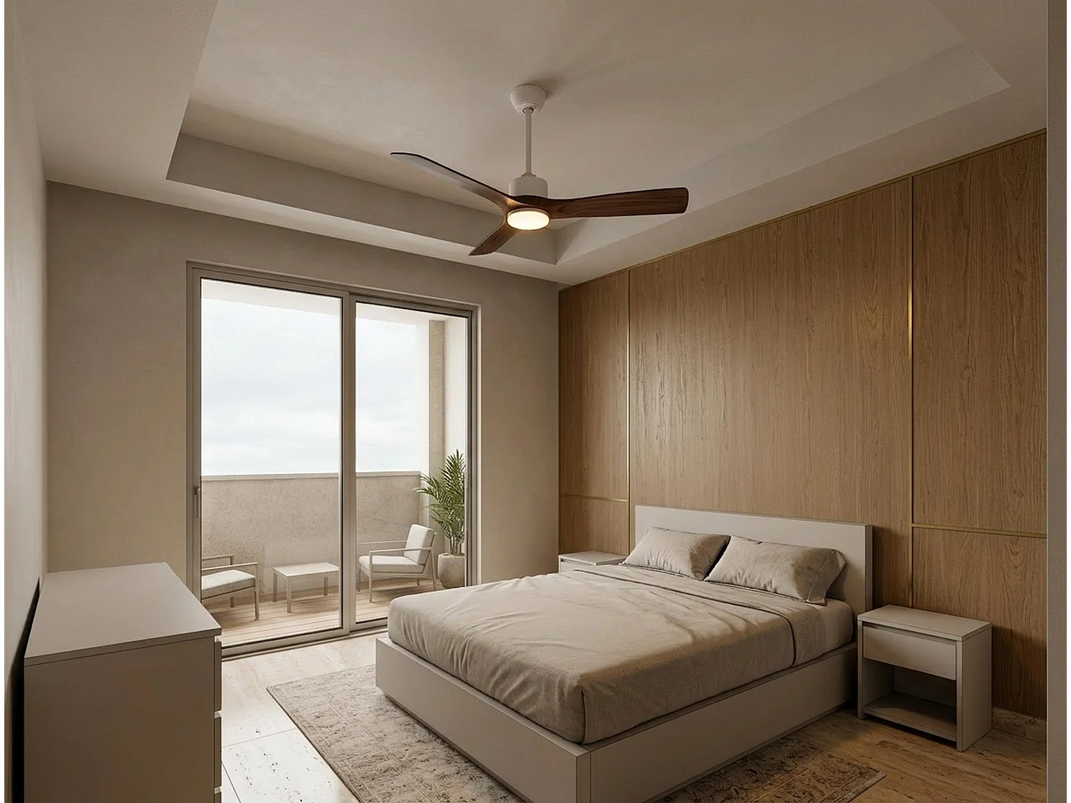 Ventilateur de plafond Réversible  Thermostat Dimmable Wifi Moteur à courant continu Toits en pente Télécommande Lumière à trois tons Hypersilence Mémoire