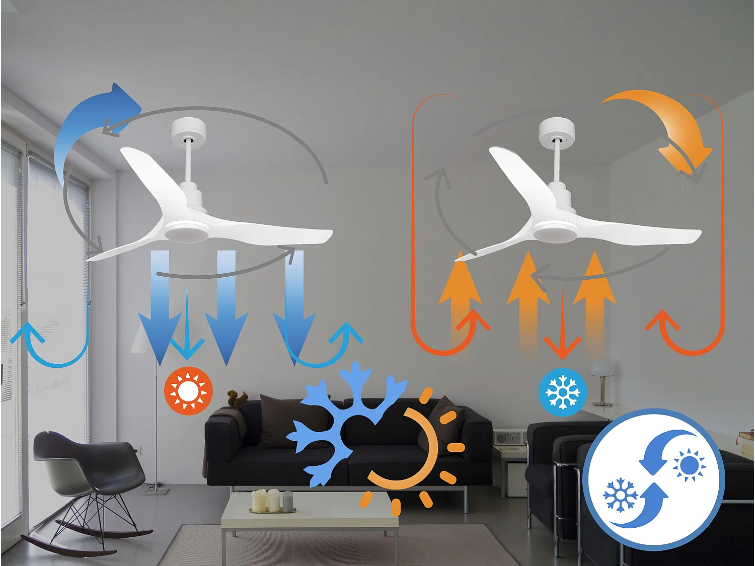 Ventilateur de plafond Réversible  Thermostat Dimmable Wifi Moteur à courant continu Toits en pente Télécommande Lumière à trois tons Adaptateur 2/3 Lames