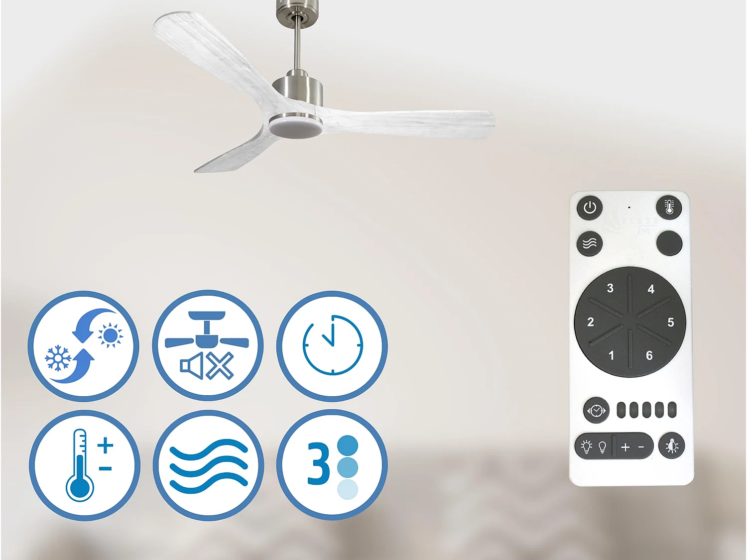 Ventilateur de plafond Réversible  Thermostat Dimmable Wifi Moteur à courant continu Toits en pente Télécommande Lumière à trois tons Hypersilence Mémoire
