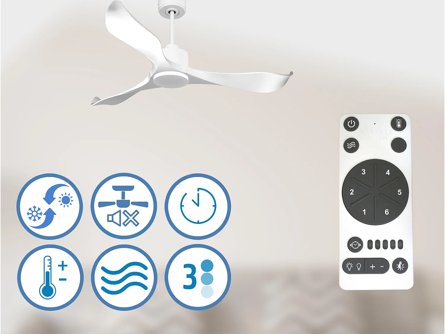 Ventilateur de plafond Réversible  Thermostat Wifi Moteur à courant continu Toits en pente Télécommande Adaptateur 2/3 Lames Hypersilence Mémoire