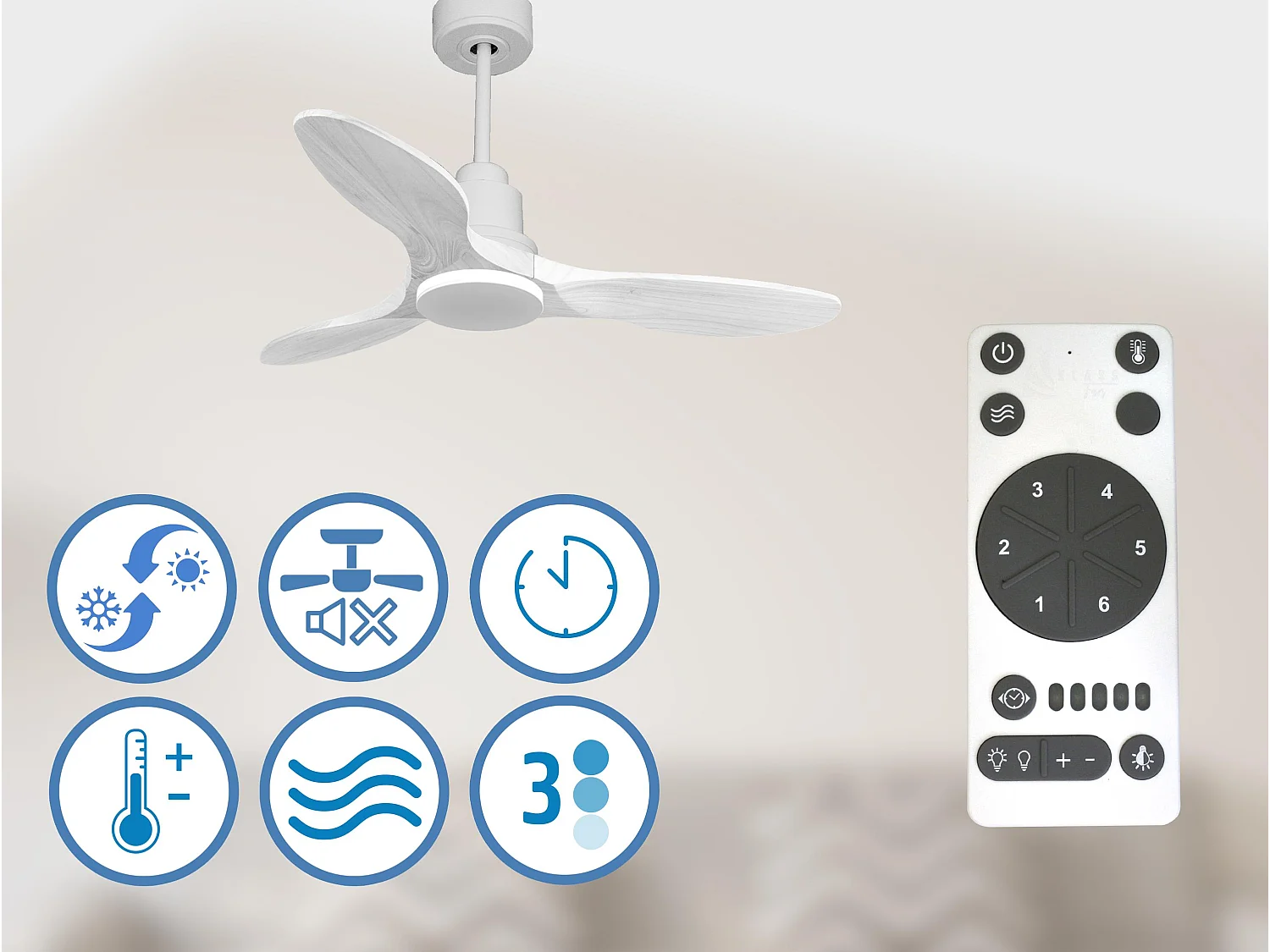 Ventilateur de plafond Réversible  Thermostat Wifi Moteur à courant continu Toits en pente Télécommande Hypersilence Mémoire Shopify Vendible (AUTOMATIQUE)
