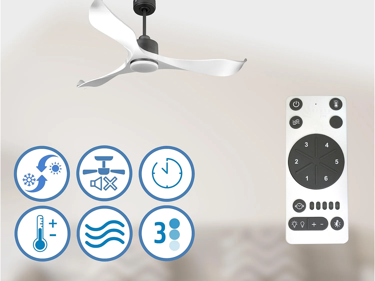 Ventilateur de plafond Réversible  Thermostat Dimmable Wifi Moteur à courant continu Toits en pente Télécommande Lumière à trois tons Adaptateur 2/3 Lames