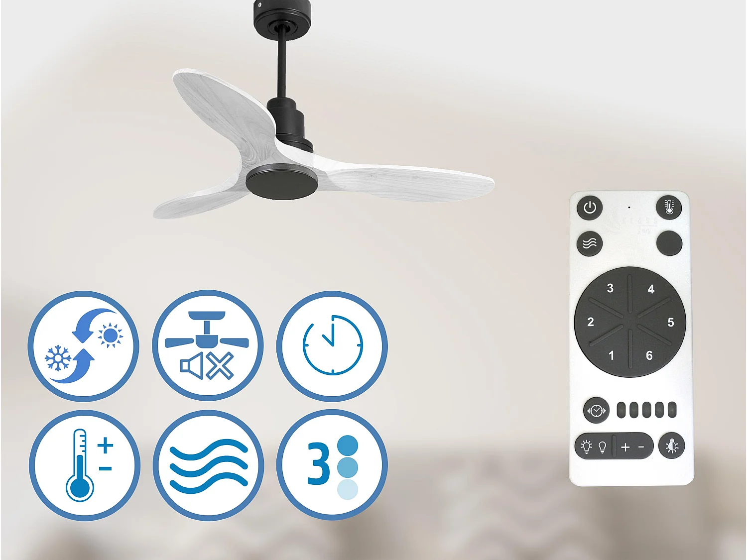 Ventilateur de plafond Réversible  Thermostat Wifi Moteur à courant continu Toits en pente Télécommande Hypersilence Mémoire Shopify Vendible (AUTOMATIQUE)