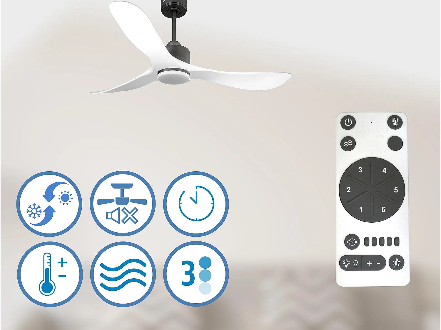 Ventilateur de plafond Réversible  Thermostat Dimmable Wifi Moteur à courant continu Toits en pente Télécommande Lumière à trois tons Hypersilence Mémoire