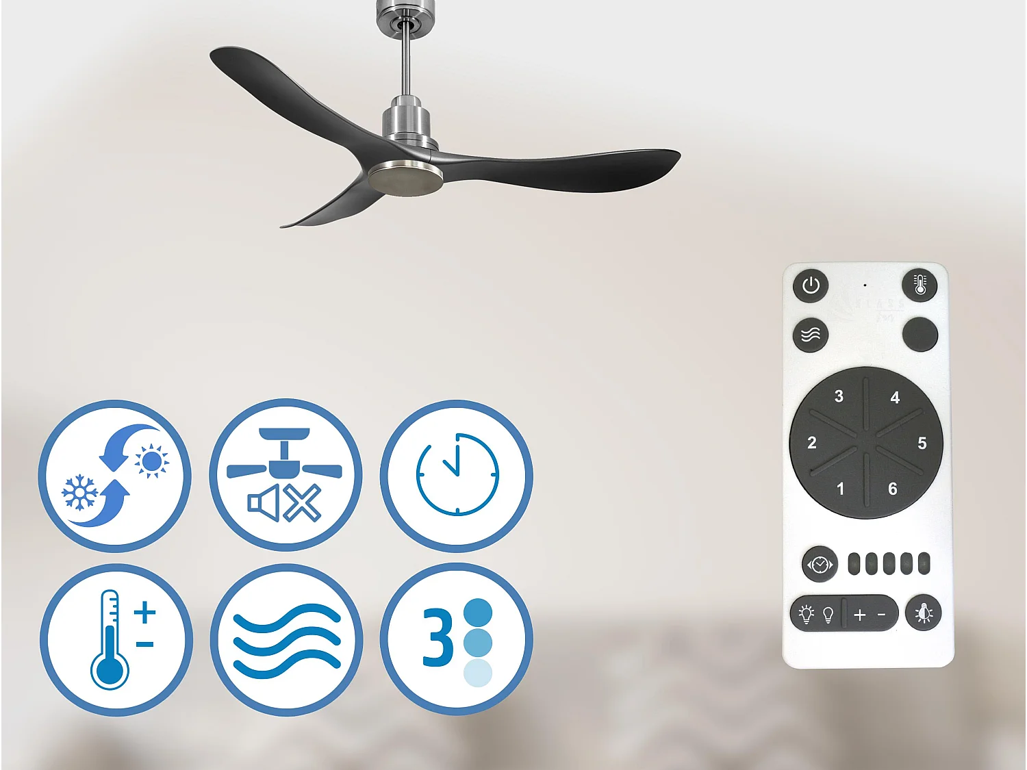 Ventilateur de plafond Réversible  Thermostat Wifi Moteur à courant continu Toits en pente Télécommande Hypersilence Mémoire