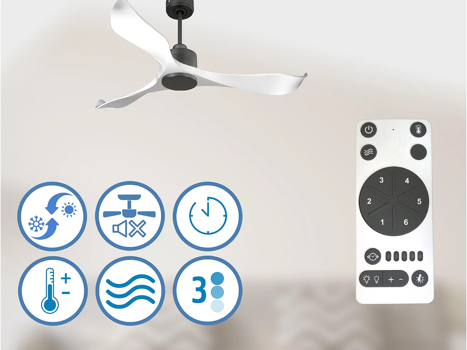 Ventilateur de plafond Réversible  Thermostat Wifi Moteur à courant continu Toits en pente Télécommande Adaptateur 2/3 Lames Hypersilence Mémoire