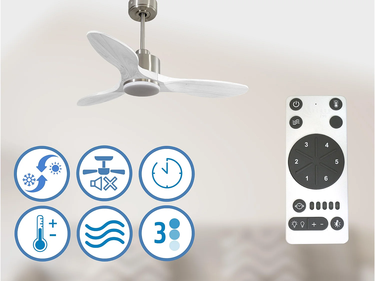 Ventilateur de plafond Réversible  Thermostat Dimmable Wifi Moteur à courant continu Toits en pente Télécommande Lumière à trois tons Hypersilence Mémoire
