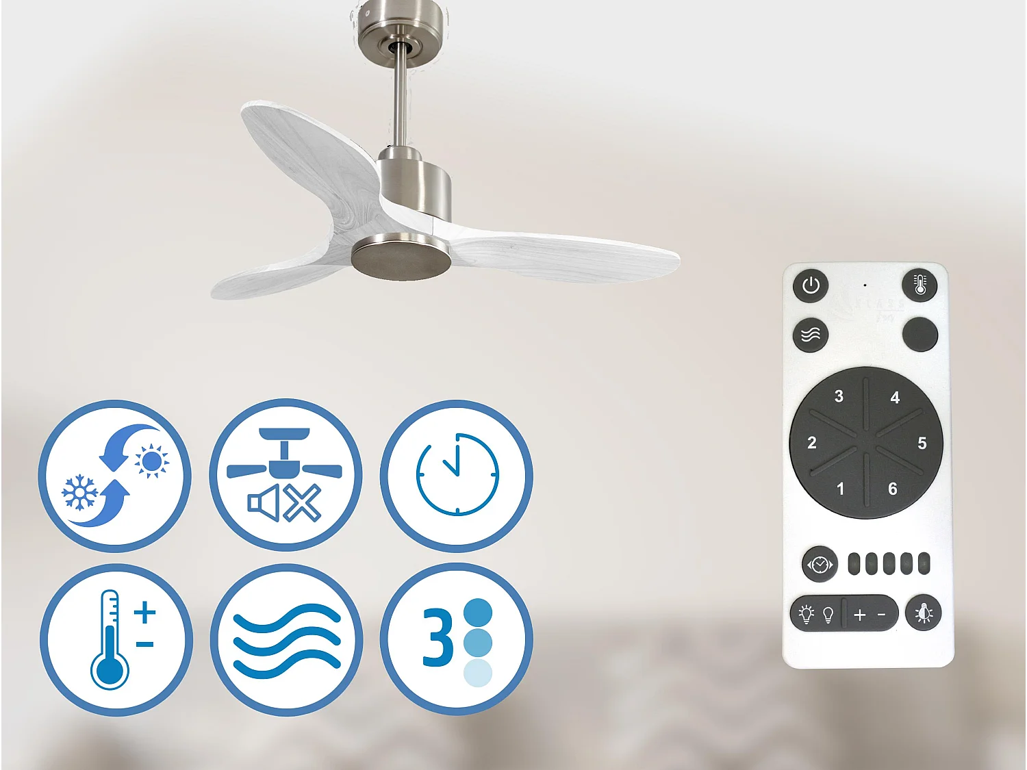 Ventilateur de plafond Réversible  Thermostat Wifi Moteur à courant continu Toits en pente Télécommande Hypersilence Mémoire