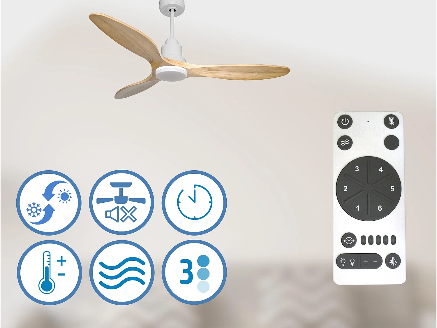 Ventilateur de plafond Réversible  Thermostat Dimmable Wifi Moteur à courant continu Toits en pente Télécommande Lumière à trois tons Hypersilence Mémoire