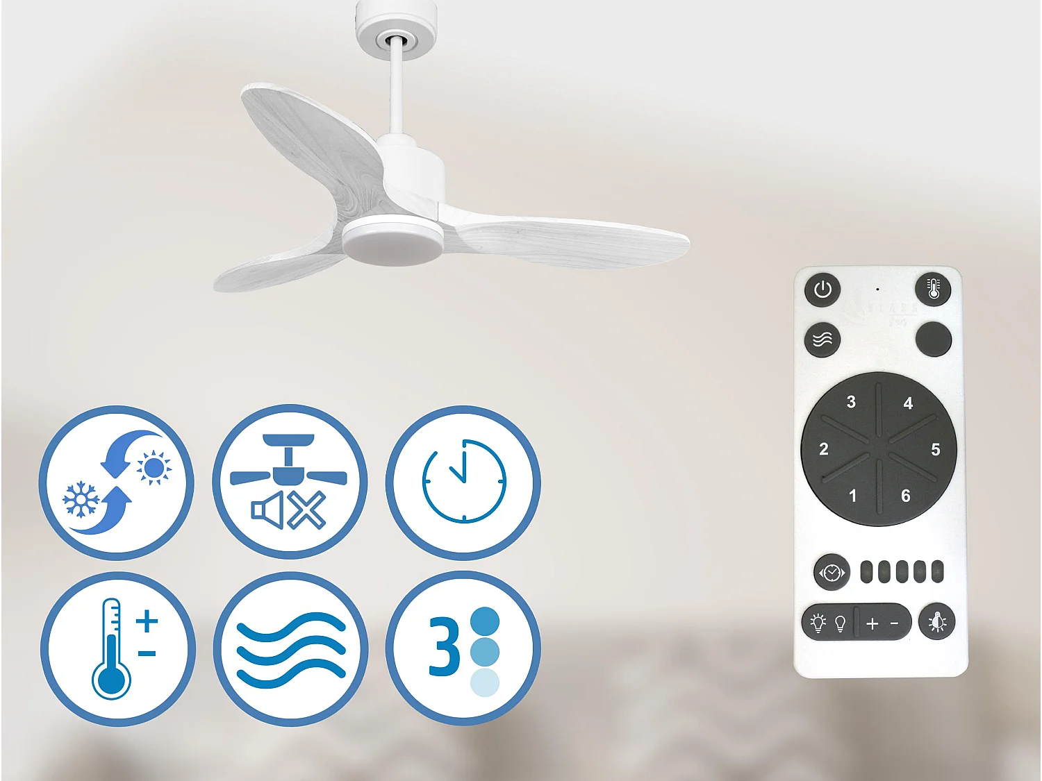 Ventilateur de plafond Réversible  Thermostat Dimmable Wifi Moteur à courant continu Toits en pente Télécommande Lumière à trois tons Hypersilence Mémoire