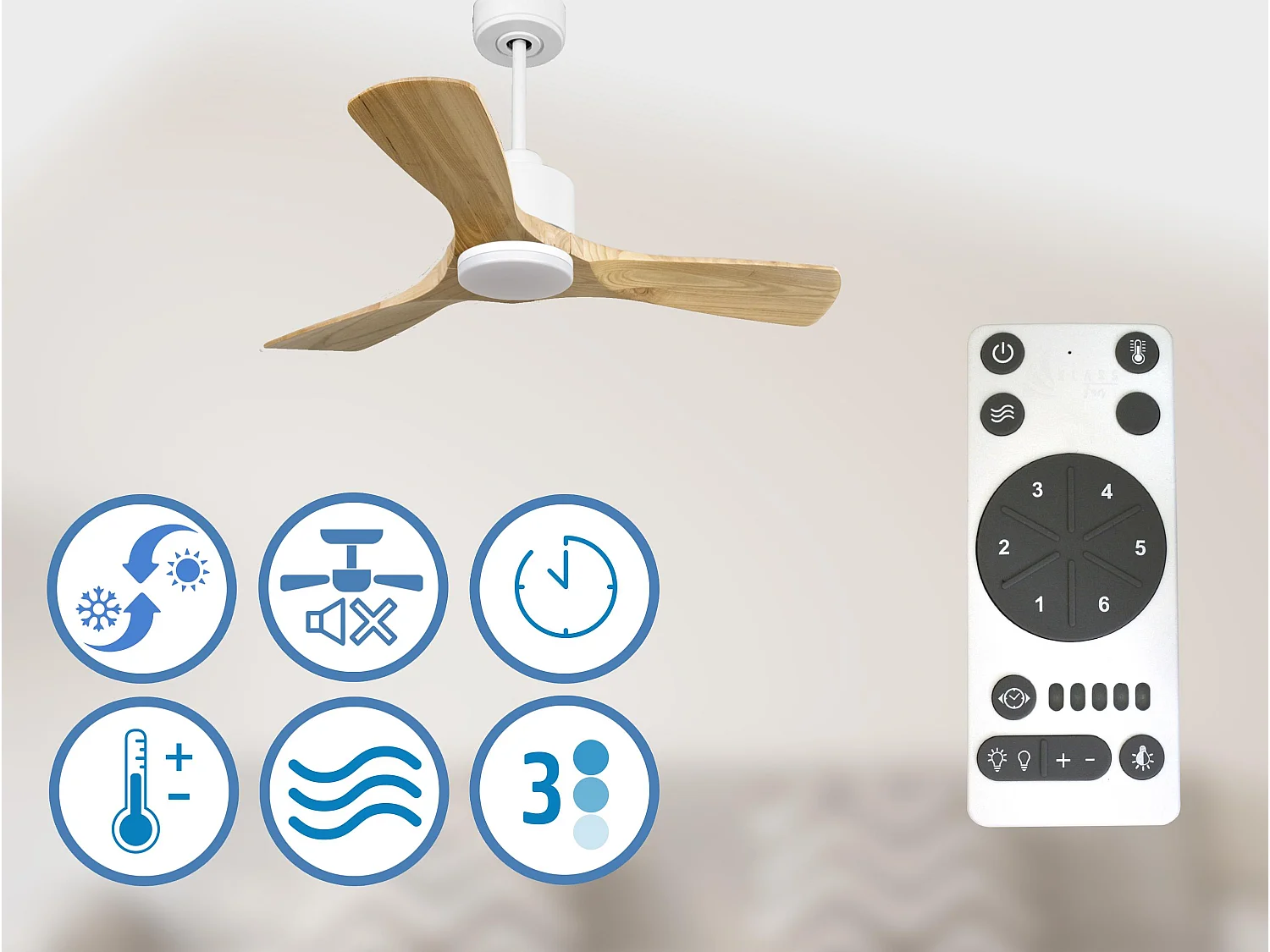 Ventilateur de plafond Réversible  Thermostat Dimmable Wifi Moteur à courant continu Toits en pente Télécommande Lumière à trois tons Hypersilence Mémoire