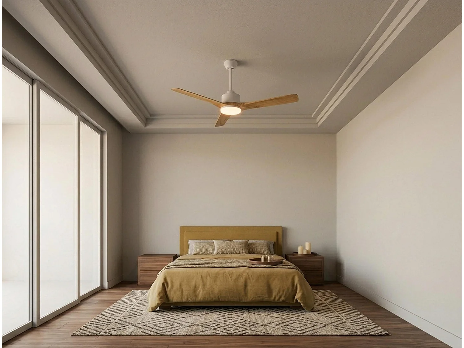 Ventilateur de plafond Réversible  Thermostat Dimmable Wifi Moteur à courant continu Toits en pente Télécommande Lumière à trois tons Hypersilence Mémoire