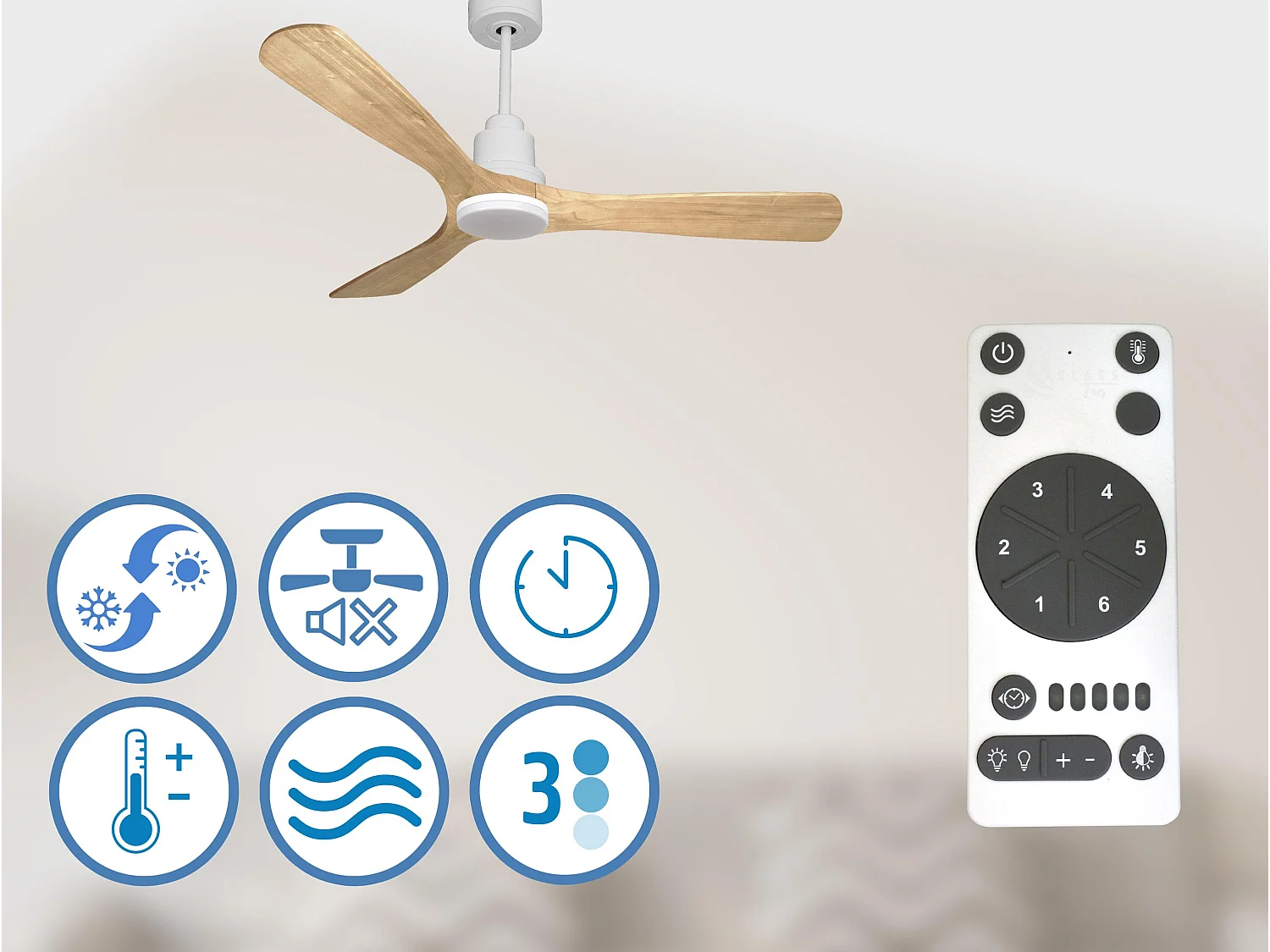 Ventilateur de plafond Réversible  Thermostat Dimmable Wifi Moteur à courant continu Toits en pente Télécommande Lumière à trois tons Hypersilence Mémoire