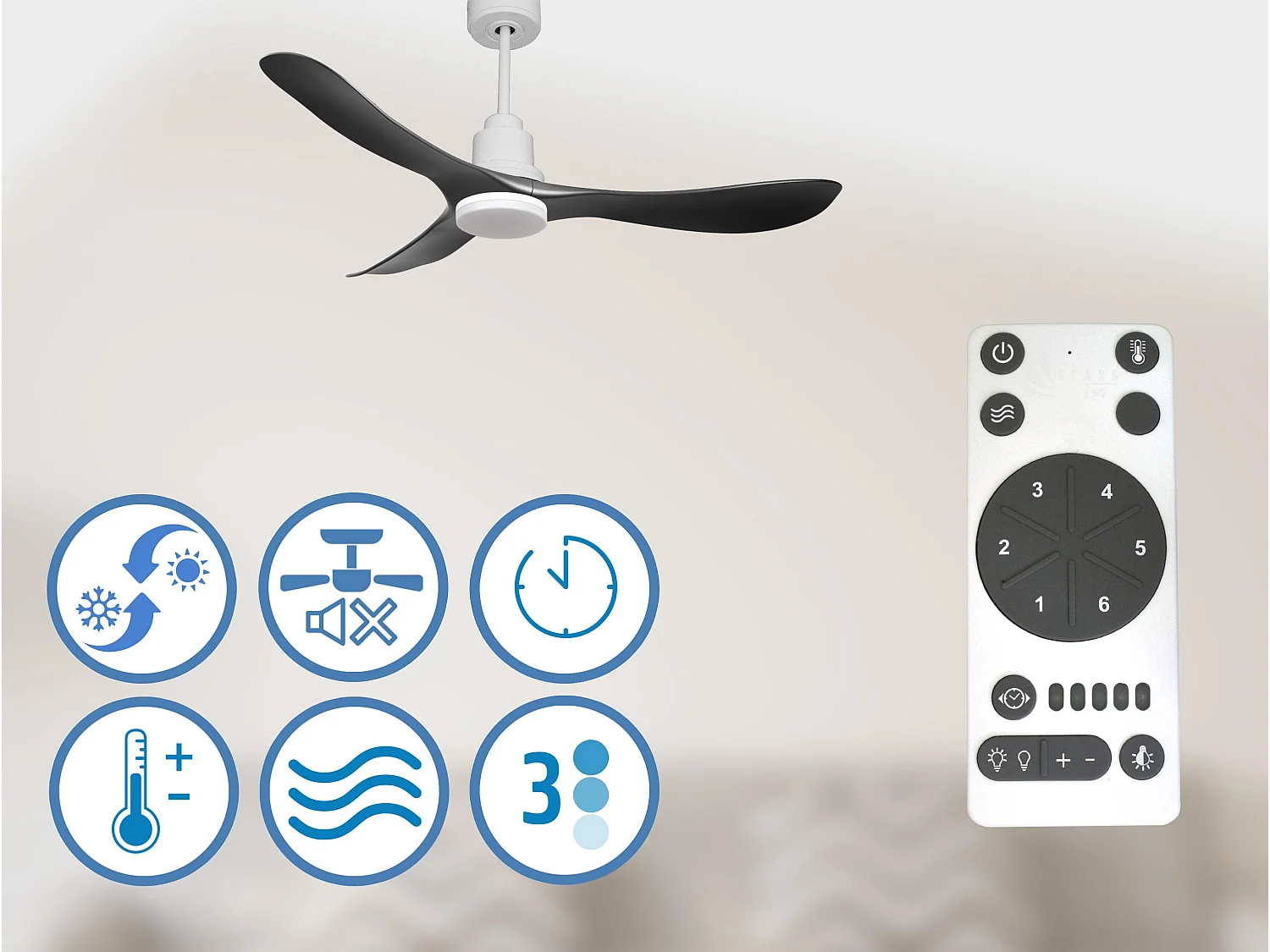 Ventilateur de plafond Réversible  Thermostat Dimmable Wifi Moteur à courant continu Toits en pente Télécommande Lumière à trois tons Hypersilence Mémoire