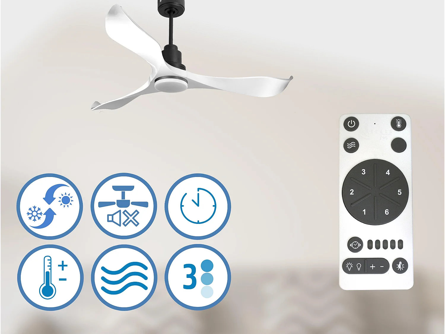 Ventilateur de plafond Réversible  Thermostat Dimmable Wifi Moteur à courant continu Toits en pente Télécommande Lumière à trois tons Adaptateur 2/3 Lames