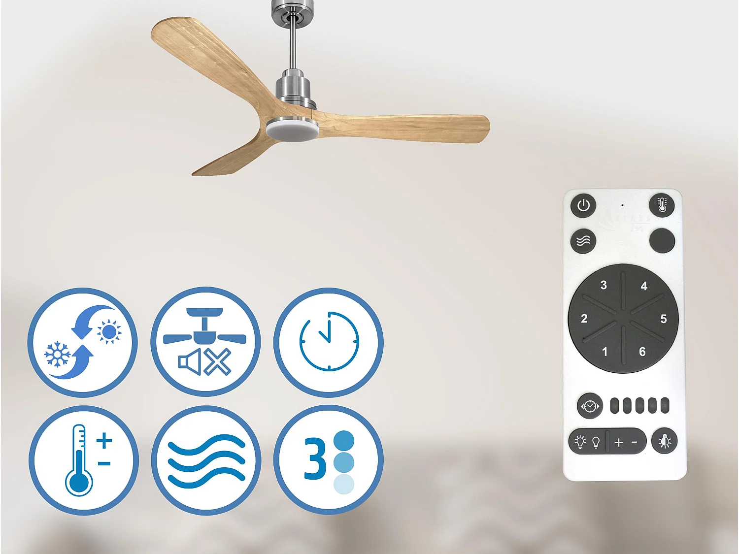 Ventilateur de plafond Réversible  Thermostat Dimmable Wifi Moteur à courant continu Toits en pente Télécommande Lumière à trois tons Hypersilence Mémoire