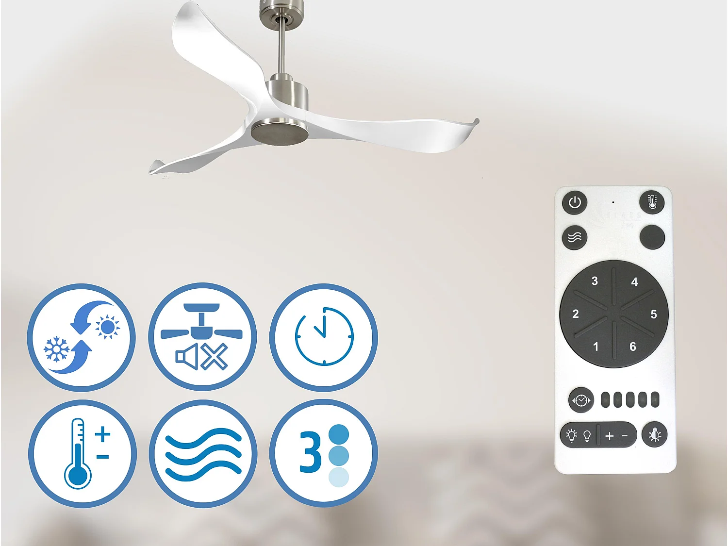 Ventilateur de plafond Réversible  Thermostat Wifi Moteur à courant continu Toits en pente Télécommande Adaptateur 2/3 Lames Hypersilence Mémoire