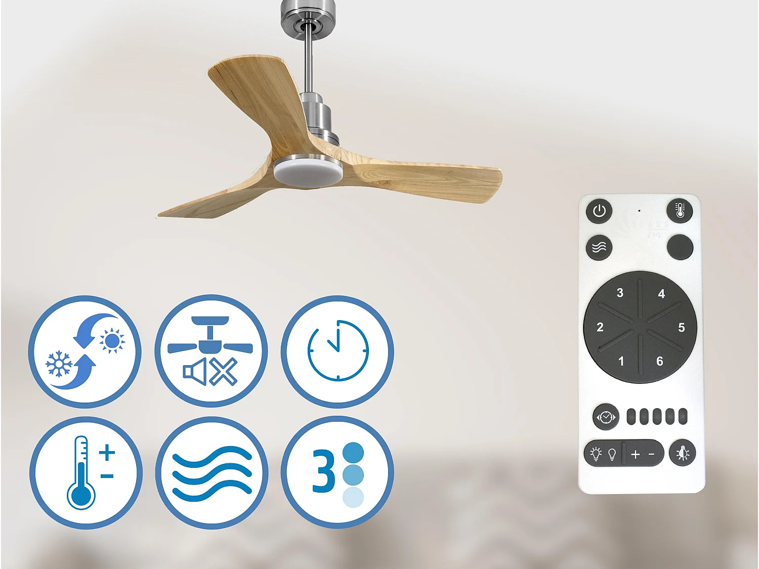 Ventilateur de plafond Réversible  Thermostat Dimmable Wifi Moteur à courant continu Toits en pente Télécommande Lumière à trois tons Hypersilence Mémoire