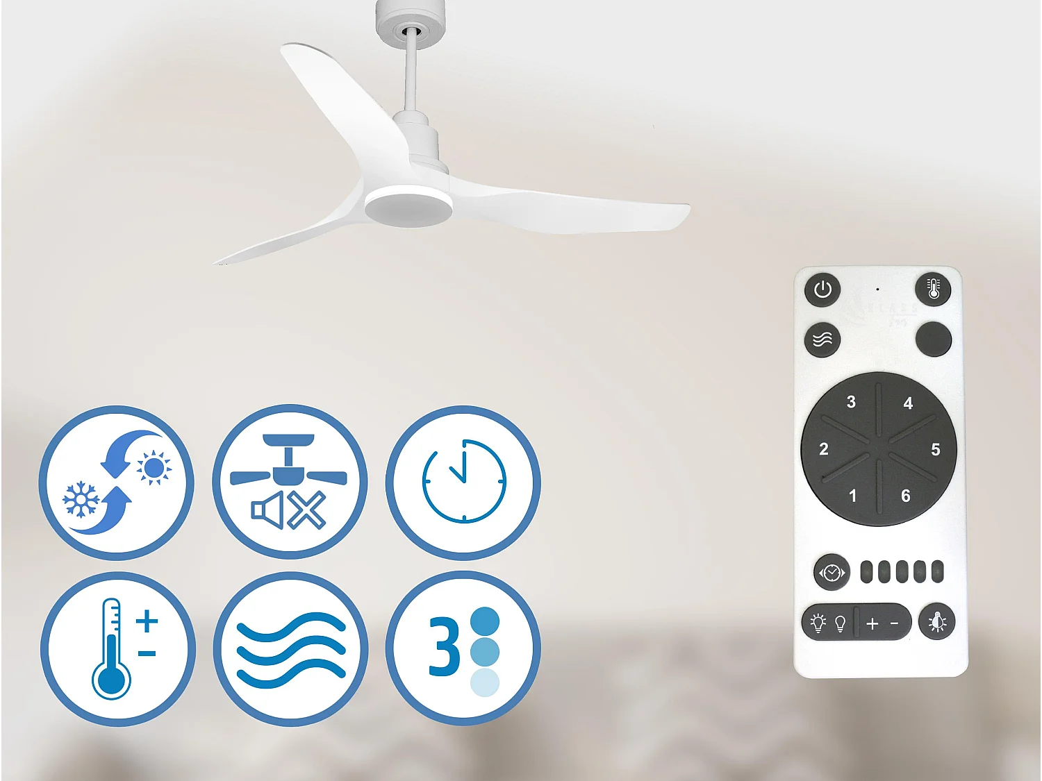 Ventilateur de plafond Réversible  Thermostat Pays vendable Wifi Moteur à courant continu Toits en pente Télécommande Adaptateur 2/3 Lames Hypersilence
