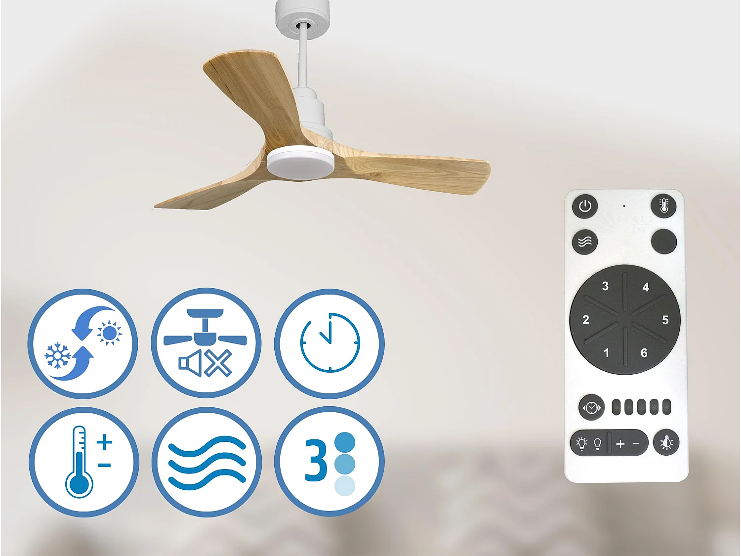 Ventilateur de plafond Réversible  Thermostat Dimmable Wifi Moteur à courant continu Toits en pente Télécommande Lumière à trois tons Hypersilence Mémoire