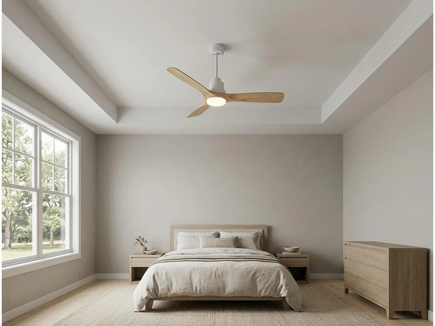 Ventilateur de plafond Réversible  Thermostat Dimmable Wifi Moteur à courant continu Toits en pente Télécommande Lumière à trois tons Hypersilence Mémoire