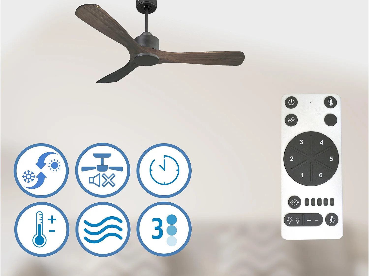 Ventilateur de plafond Réversible  Thermostat Wifi Moteur à courant continu Toits en pente Télécommande Hypersilence Mémoire